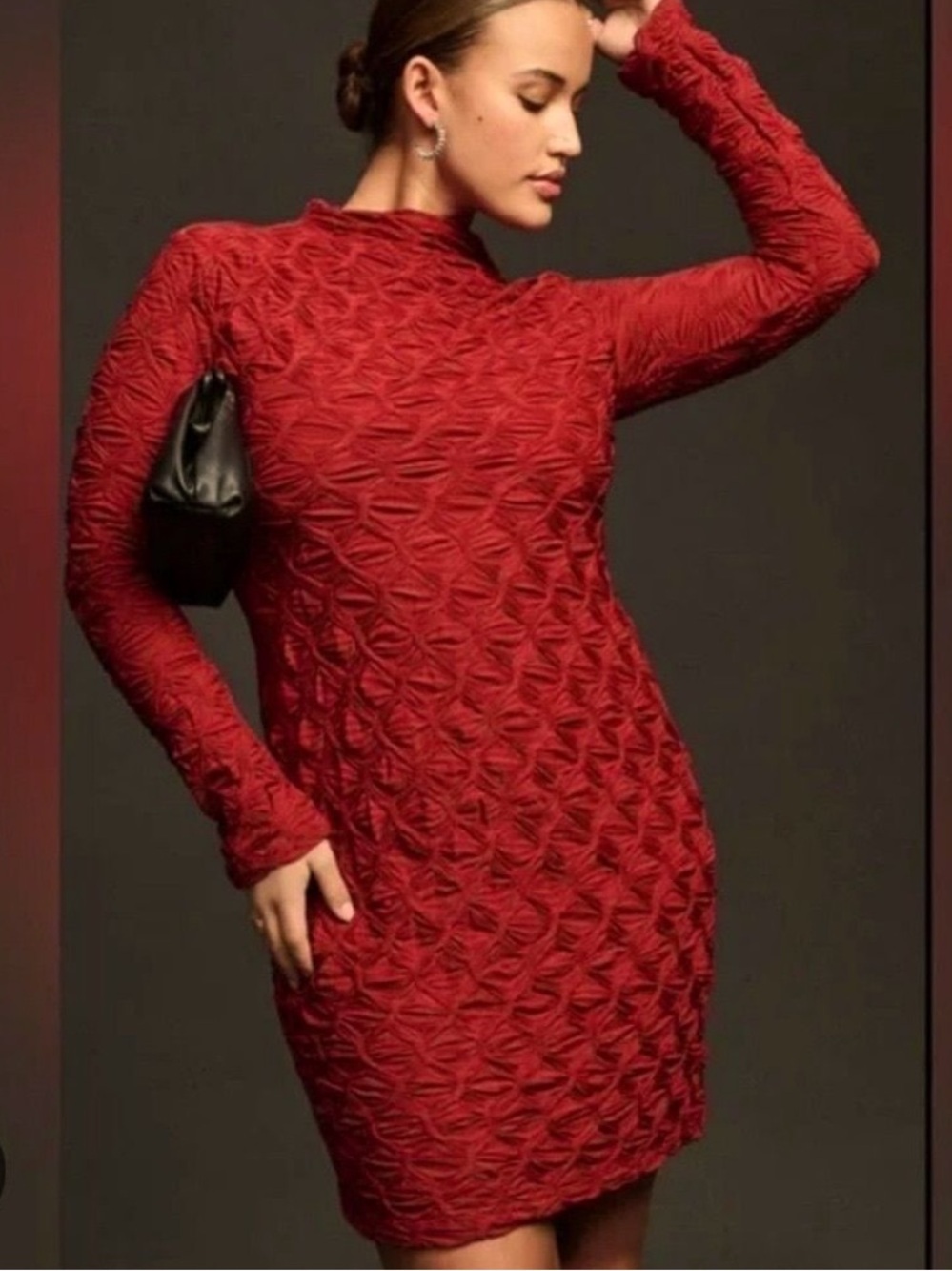 Maeve by Anthropologie Red Textured Long-Sleeve Shift Dress